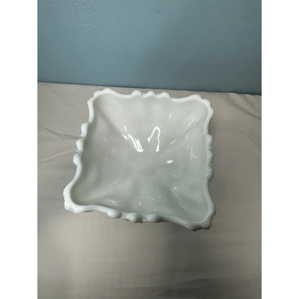 Vintage Portieux Vallerysthal French White Milk Glass Scrolled Compote Dish